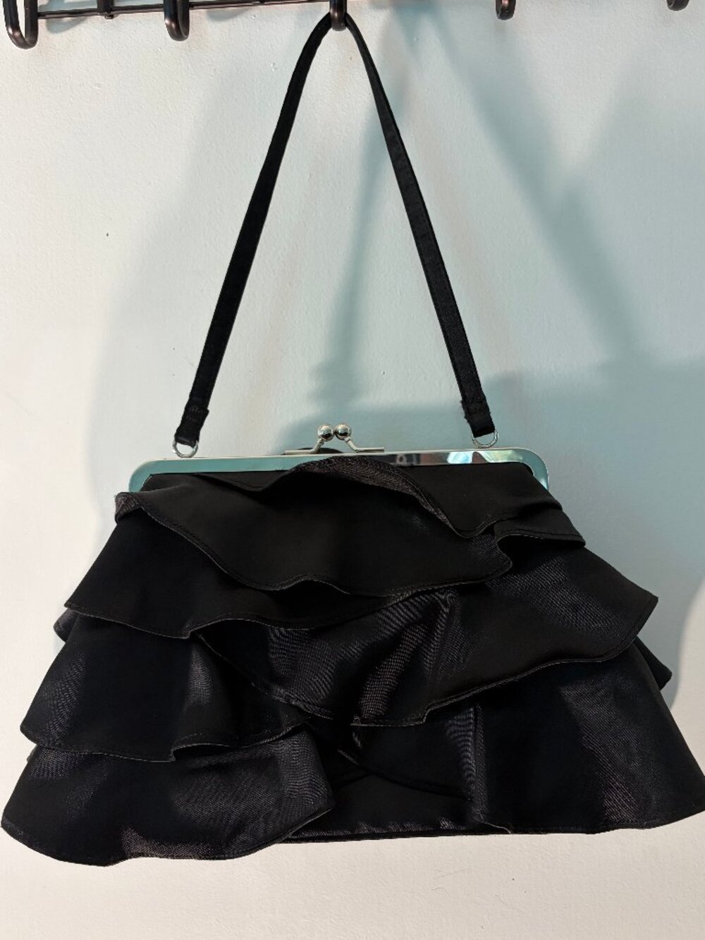 Black Satin Tiered Ruffle Kiss-Lock Evening Shoulder Bag